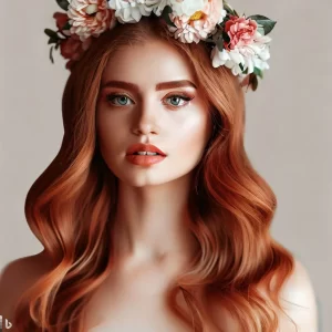 una mujer con peinado de Ondas sueltas con diadema floral en la cabeza, la imagen debe de ser realista, la mujer debe de ser de tez blanca y pelirroja. debe ser una mujer bonita